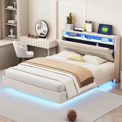 Cama estofada 140x200 cm - com porta USB e luz LED, cabeceira reversível, pé oculto, cama de casal, cama juvenil, cama para adultos - Bege