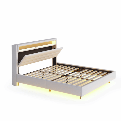 Cama estofada 140x200 cm - com porta USB e luz LED, cabeceira reversível, pé oculto, cama de casal, cama juvenil, cama para adultos - Bege