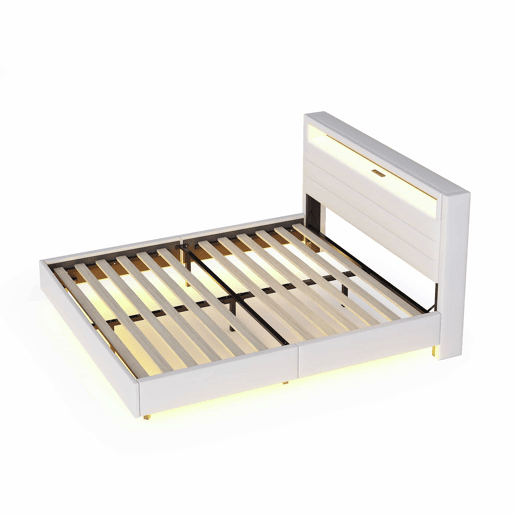 Cama estofada 140x200 cm - com porta USB e luz LED, cabeceira reversível, pé oculto, cama de casal, cama juvenil, cama para adultos - Bege