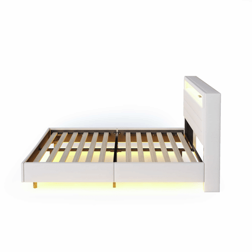 Cama estofada 140x200 cm - com porta USB e luz LED, cabeceira reversível, pé oculto, cama de casal, cama juvenil, cama para adultos - Bege