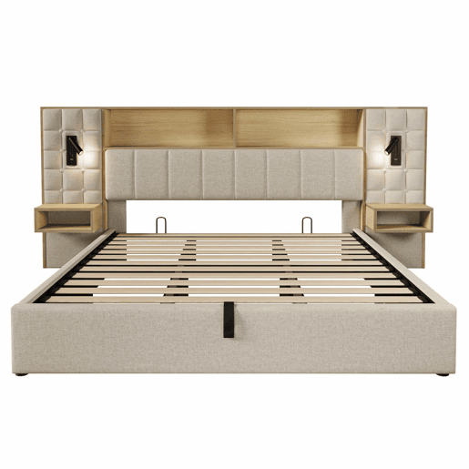 Cama estofada 180x200 - com arrumação, sistema de cama, LED e 2 candeeiros de leitura, 2 mesas de cabeceira integradas, porta de carregamento USB Tipo C, tecido de linho, base incluída, sem colchão - Bege