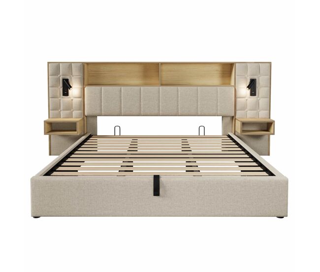 Cama tapizada 180x200 - con almacenamiento, sistema cama, led y 2 lámparas de lectura, 2 mesillas integradas, puerto de carga usb tipo-c, tejido de