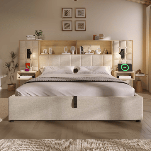 Cama estofada 180x200 - com arrumação, sistema de cama, LED e 2 candeeiros de leitura, 2 mesas de cabeceira integradas, porta de carregamento USB Tipo C, tecido de linho, base incluída, sem colchão - Bege