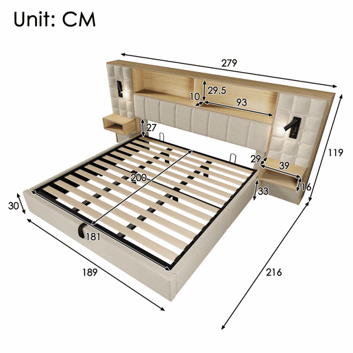 Cama estofada 180x200 - com arrumação, sistema de cama, LED e 2 candeeiros de leitura, 2 mesas de cabeceira integradas, porta de carregamento USB Tipo C, tecido de linho, base incluída, sem colchão - Bege