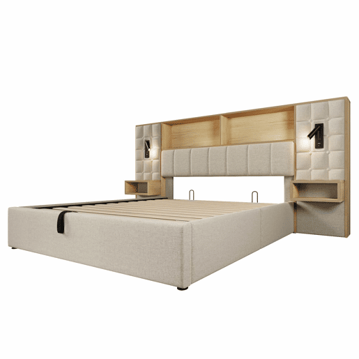Cama estofada 180x200 - com arrumação, sistema de cama, LED e 2 candeeiros de leitura, 2 mesas de cabeceira integradas, porta de carregamento USB Tipo C, tecido de linho, base incluída, sem colchão - Bege