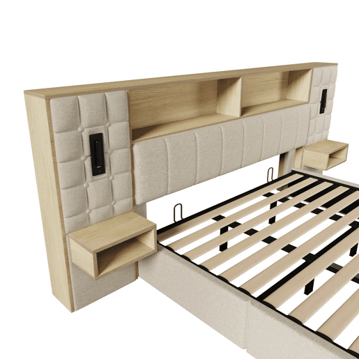 Cama estofada 180x200 - com arrumação, sistema de cama, LED e 2 candeeiros de leitura, 2 mesas de cabeceira integradas, porta de carregamento USB Tipo C, tecido de linho, base incluída, sem colchão - Bege