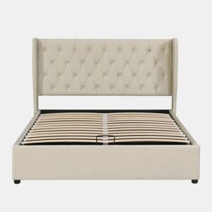 Cama de contentor estofada em veludo 180x200 cm com estrado de ripas - Bege