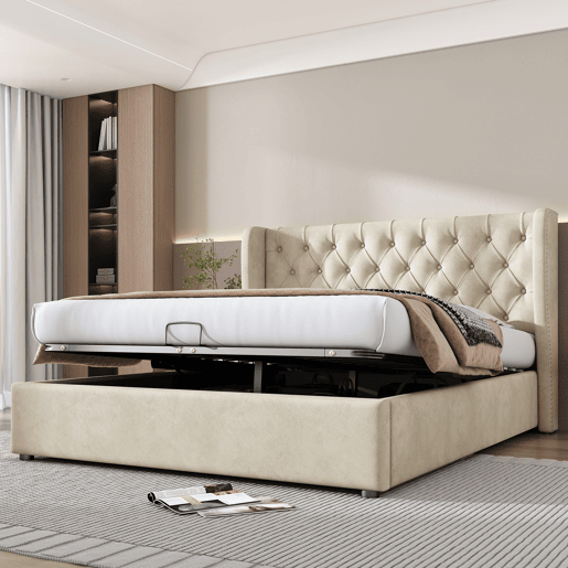 Cama de contentor estofada em veludo 180x200 cm com estrado de ripas - Bege Cama de contentor estofada em veludo 180x200 cm com estrado de ripas - Bege