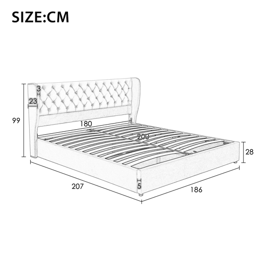 Cama de contentor estofada em veludo 180x200 cm com estrado de ripas - Bege Cama de contentor estofada em veludo 180x200 cm com estrado de ripas - Bege