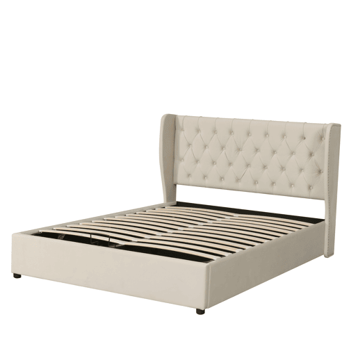 Cama de contentor estofada em veludo 180x200 cm com estrado de ripas - Bege Cama de contentor estofada em veludo 180x200 cm com estrado de ripas - Bege
