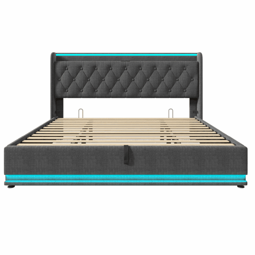 Cama estofada 180x200 cm - LED com comando à distância e aplicação, arrumação hidráulica, cabeceira almofadada com porta USB-C - Cinza Cama estofada 180x200 cm - LED com comando à distância e aplicação, arrumação hidráulica, cabeceira almofadada com porta USB-C - Cinza