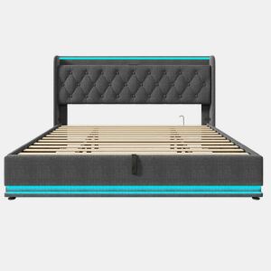 Cama estofada 180x200 cm - LED com comando à distância e aplicação, arrumação hidráulica, cabeceira almofadada com porta USB-C - Cinza