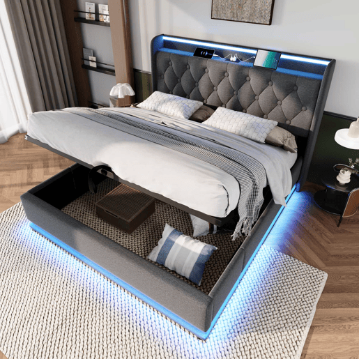 Cama estofada 180x200 cm - LED com comando à distância e aplicação, arrumação hidráulica, cabeceira almofadada com porta USB-C - Cinza Cama estofada 180x200 cm - LED com comando à distância e aplicação, arrumação hidráulica, cabeceira almofadada com porta USB-C - Cinza