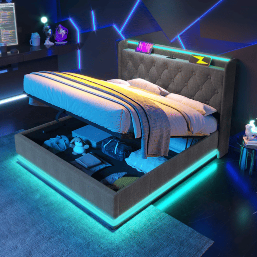 Cama estofada 180x200 cm - LED com comando à distância e aplicação, arrumação hidráulica, cabeceira almofadada com porta USB-C - Cinza Cama estofada 180x200 cm - LED com comando à distância e aplicação, arrumação hidráulica, cabeceira almofadada com porta USB-C - Cinza