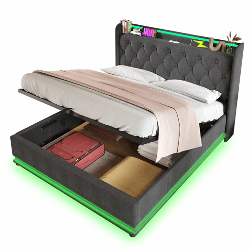 Cama estofada 180x200 cm - LED com comando à distância e aplicação, arrumação hidráulica, cabeceira almofadada com porta USB-C - Cinza Cama estofada 180x200 cm - LED com comando à distância e aplicação, arrumação hidráulica, cabeceira almofadada com porta USB-C - Cinza