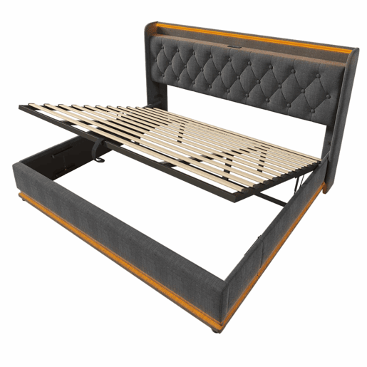 Cama estofada 180x200 cm - LED com comando à distância e aplicação, arrumação hidráulica, cabeceira almofadada com porta USB-C - Cinza Cama estofada 180x200 cm - LED com comando à distância e aplicação, arrumação hidráulica, cabeceira almofadada com porta USB-C - Cinza