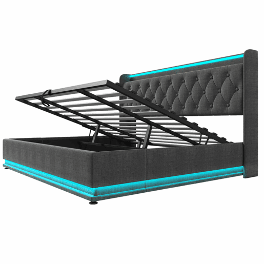 Cama estofada 180x200 cm - LED com comando à distância e aplicação, arrumação hidráulica, cabeceira almofadada com porta USB-C - Cinza Cama estofada 180x200 cm - LED com comando à distância e aplicação, arrumação hidráulica, cabeceira almofadada com porta USB-C - Cinza