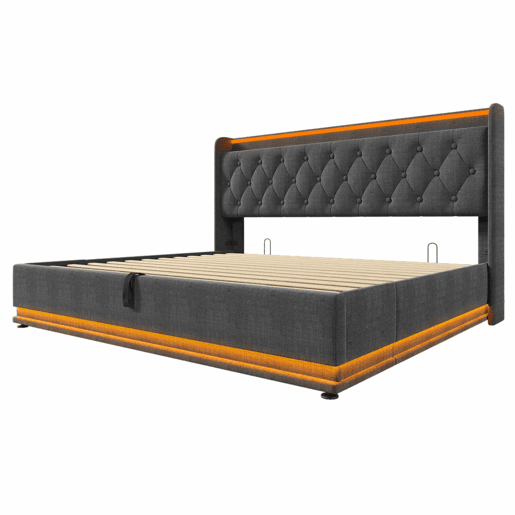 Cama estofada 180x200 cm - LED com comando à distância e aplicação, arrumação hidráulica, cabeceira almofadada com porta USB-C - Cinza Cama estofada 180x200 cm - LED com comando à distância e aplicação, arrumação hidráulica, cabeceira almofadada com porta USB-C - Cinza