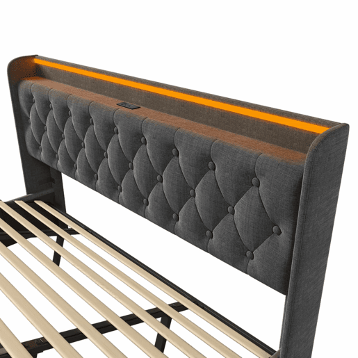 Cama estofada 180x200 cm - LED com comando à distância e aplicação, arrumação hidráulica, cabeceira almofadada com porta USB-C - Cinza Cama estofada 180x200 cm - LED com comando à distância e aplicação, arrumação hidráulica, cabeceira almofadada com porta USB-C - Cinza