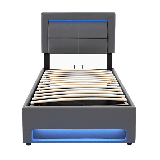 Cama contentora em pele sintética de 90x200 cm com LED - com portas de carregamento (com e sem fios) - Cinzento Cama contentora em pele sintética de 90x200 cm com LED - com portas de carregamento (com e sem fios) - Cinzento