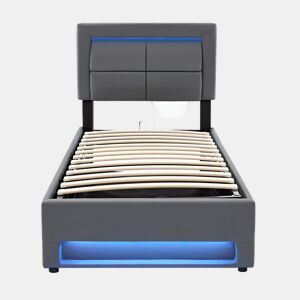 Cama contentora em pele sintética de 90x200 cm com LED - com portas de carregamento (com e sem fios) - Cinzento