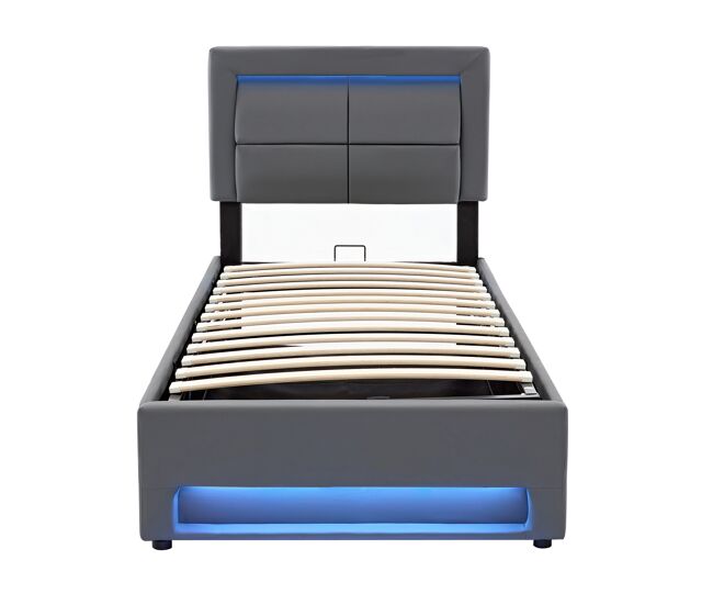 Cama contenedor de piel sintética de 90x200 cm con led - con puertos de carga (por cable e inalámbrico) - gris