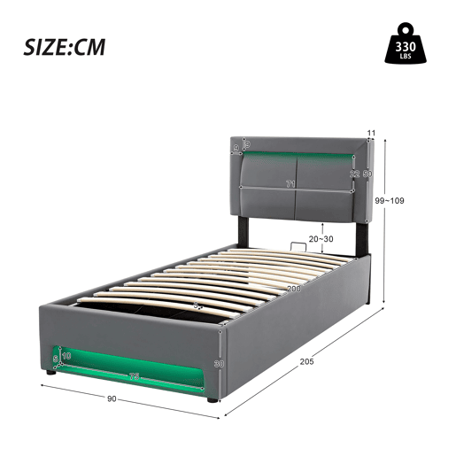 Cama contentora em pele sintética de 90x200 cm com LED - com portas de carregamento (com e sem fios) - Cinzento Cama contentora em pele sintética de 90x200 cm com LED - com portas de carregamento (com e sem fios) - Cinzento