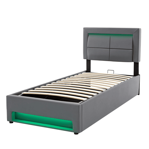 Cama contentora em pele sintética de 90x200 cm com LED - com portas de carregamento (com e sem fios) - Cinzento Cama contentora em pele sintética de 90x200 cm com LED - com portas de carregamento (com e sem fios) - Cinzento
