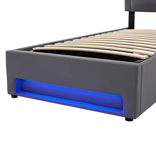 Cama contentora em pele sintética de 90x200 cm com LED - com portas de carregamento (com e sem fios) - Cinzento Cama contentora em pele sintética de 90x200 cm com LED - com portas de carregamento (com e sem fios) - Cinzento