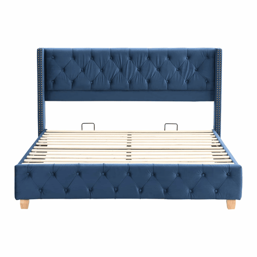 Cama de adulto estofada em veludo - 160x200 cm - com estrado de molas - Azul Cama de adulto estofada em veludo - 160x200 cm - com estrado de molas - Azul