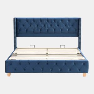 Cama de adulto estofada em veludo - 160x200 cm - com estrado de molas - Azul