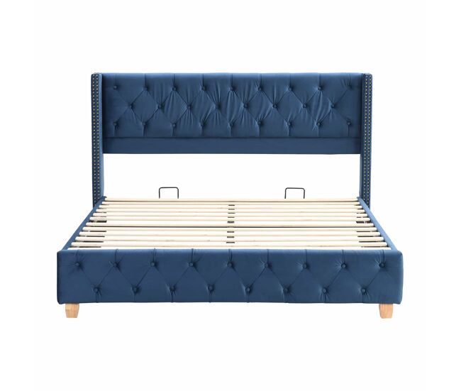 Cama para adultos acolchada de terciopelo - 160x200 cm - con somier - azul