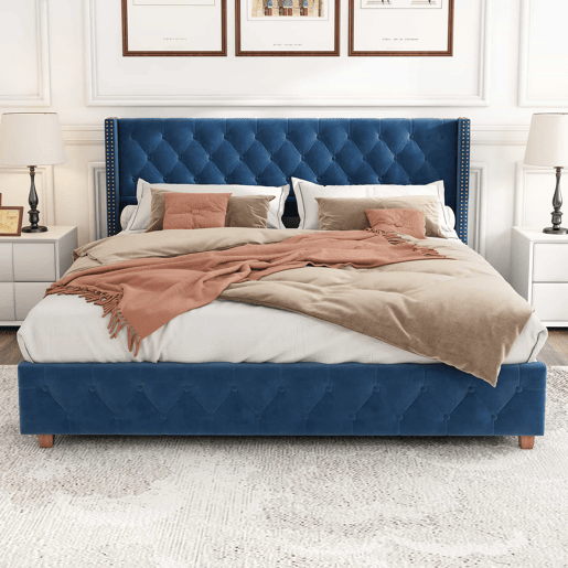 Cama de adulto estofada em veludo - 160x200 cm - com estrado de molas - Azul Cama de adulto estofada em veludo - 160x200 cm - com estrado de molas - Azul