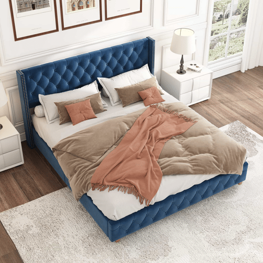 Cama de adulto estofada em veludo - 160x200 cm - com estrado de molas - Azul Cama de adulto estofada em veludo - 160x200 cm - com estrado de molas - Azul