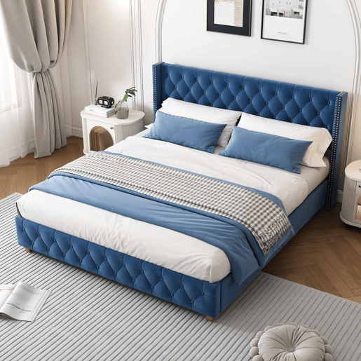 Cama de adulto estofada em veludo - 160x200 cm - com estrado de molas - Azul Cama de adulto estofada em veludo - 160x200 cm - com estrado de molas - Azul