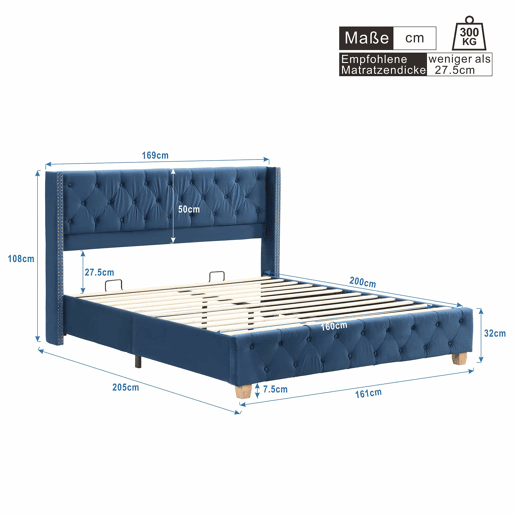 Cama de adulto estofada em veludo - 160x200 cm - com estrado de molas - Azul Cama de adulto estofada em veludo - 160x200 cm - com estrado de molas - Azul