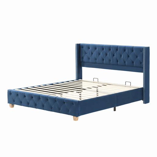 Cama de adulto estofada em veludo - 160x200 cm - com estrado de molas - Azul Cama de adulto estofada em veludo - 160x200 cm - com estrado de molas - Azul