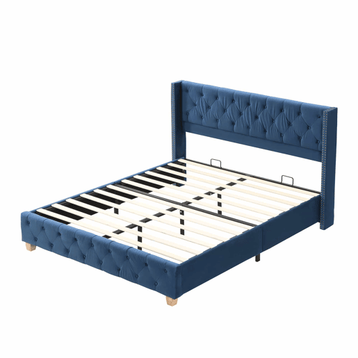Cama de adulto estofada em veludo - 160x200 cm - com estrado de molas - Azul Cama de adulto estofada em veludo - 160x200 cm - com estrado de molas - Azul