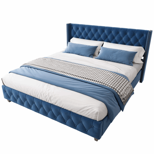 Cama de adulto estofada em veludo - 160x200 cm - com estrado de molas - Azul Cama de adulto estofada em veludo - 160x200 cm - com estrado de molas - Azul