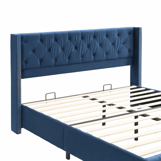 Cama de adulto estofada em veludo - 160x200 cm - com estrado de molas - Azul Cama de adulto estofada em veludo - 160x200 cm - com estrado de molas - Azul