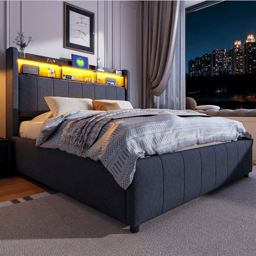 Cómoda estofada em linho 140x200 cm - com LED + tomadas - Cinzento