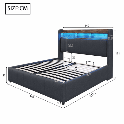 Cómoda estofada em linho 140x200 cm - com LED + tomadas - Cinzento