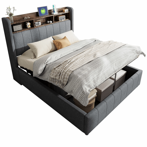 Cómoda estofada em linho 140x200 cm - com LED + tomadas - Cinzento