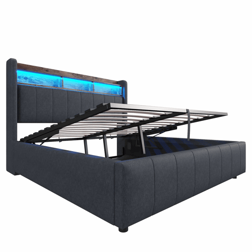 Cómoda estofada em linho 140x200 cm - com LED + tomadas - Cinzento