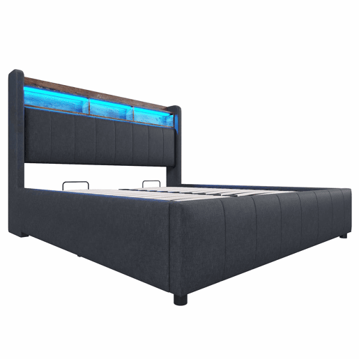 Cómoda estofada em linho 140x200 cm - com LED + tomadas - Cinzento