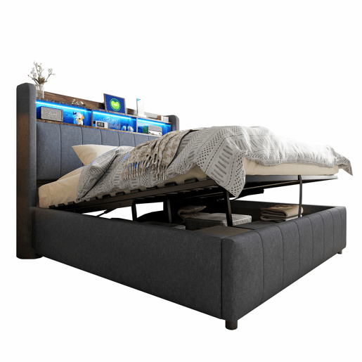 Cómoda estofada em linho 140x200 cm - com LED + tomadas - Cinzento