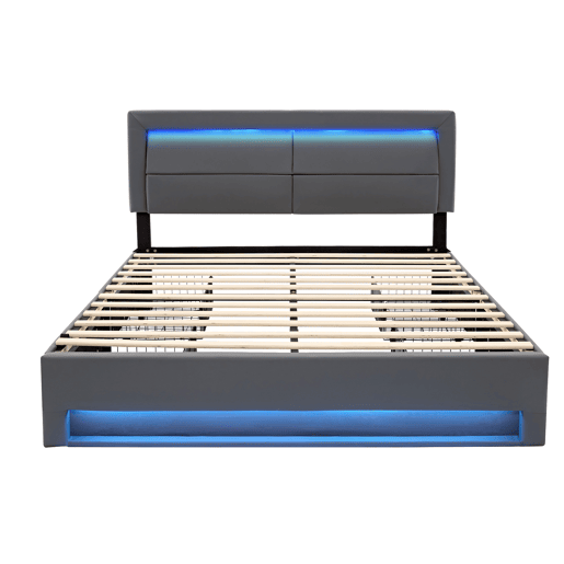 Cama de casal 140x190 cm em imitação de pele com LED - 4 gavetas - com portas de carregamento (com e sem fios) - Cinzento Cama de casal 140x190 cm em imitação de pele com LED - 4 gavetas - com portas de carregamento (com e sem fios) - Cinzento