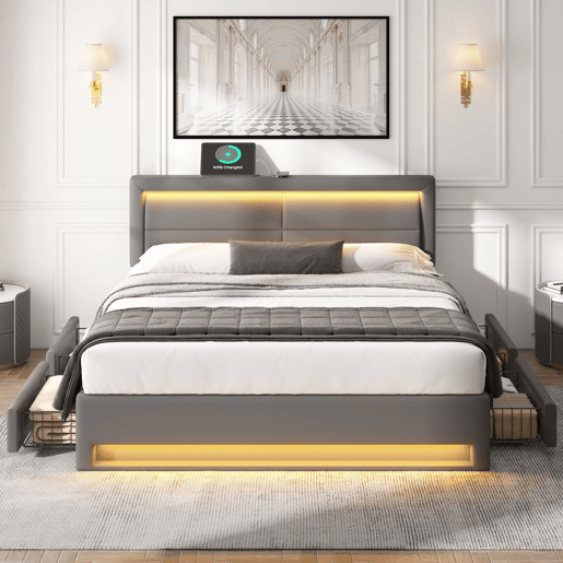 Cama de casal 140x190 cm em imitação de pele com LED - 4 gavetas - com portas de carregamento (com e sem fios) - Cinzento Cama de casal 140x190 cm em imitação de pele com LED - 4 gavetas - com portas de carregamento (com e sem fios) - Cinzento