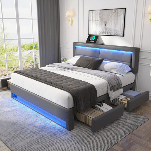 Cama de casal 140x190 cm em imitação de pele com LED - 4 gavetas - com portas de carregamento (com e sem fios) - Cinzento Cama de casal 140x190 cm em imitação de pele com LED - 4 gavetas - com portas de carregamento (com e sem fios) - Cinzento