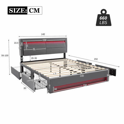 Cama de casal 140x190 cm em imitação de pele com LED - 4 gavetas - com portas de carregamento (com e sem fios) - Cinzento Cama de casal 140x190 cm em imitação de pele com LED - 4 gavetas - com portas de carregamento (com e sem fios) - Cinzento